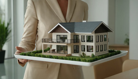 Real estate agent holding a model of a house on a tray.の素材