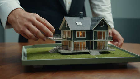 Real estate agent with model of house. Real estate business concept.の素材