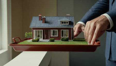 Real estate agent holding a tray with a model of a house.の素材