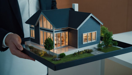 Real estate agent showing model of house. Real estate business concept.の素材