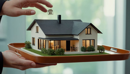 Real estate agent handing over house model to customer. Real estate concept.の素材