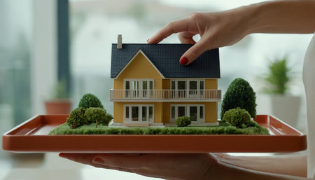 Woman holding a model of a house in her hands. Real estate conceptの素材