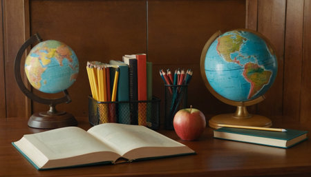 Globe, books, pencils and apple on a wooden deskの素材