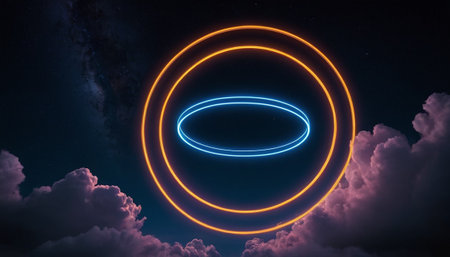 Glowing neon circle on dark night sky with clouds 3D renderingの素材