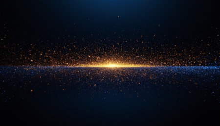 abstract dark blue background with glittering particles and rays of lightの素材