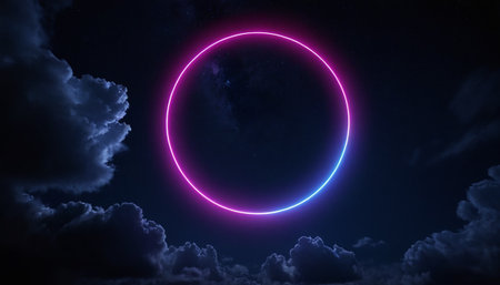 Neon circle in the night sky. 3D rendering illustration.の素材