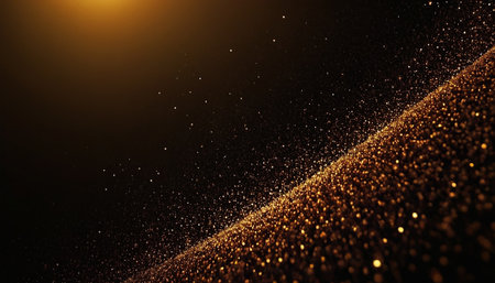 Golden glittering particles on a black background. 3D rendering.の素材