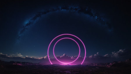 Neon circle in night sky with stars and moon. 3d renderingの素材