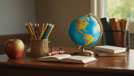 Globe, books, pencils and apple on wooden table in roomの素材