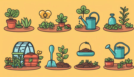 Gardening doodle icons set. Colorful vector illustration.の素材