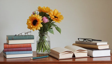 Books and sunflowers in a vase on a wooden tableの素材