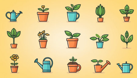 Flowerpot and watering can icons set. Flat design. Vector illustrationの素材