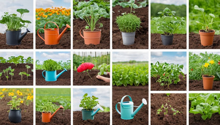 Collage of different plants in pots on the field. Gardening conceptの素材