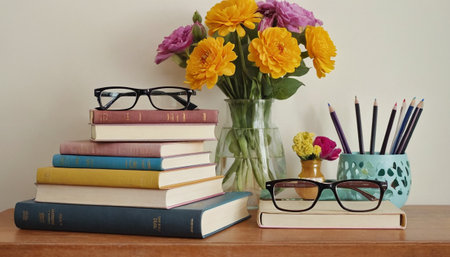 Books, glasses, pencils and flowers on a wooden table.の素材