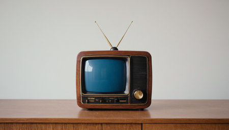 Retro TV set on the wooden table with white wall background.の素材