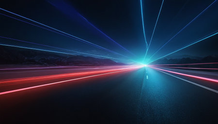 Abstract image of a car on the road with glowing lights in the backgroundの素材