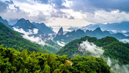 Panoramic view of karst mountains and Huangshan river in Chinaの素材