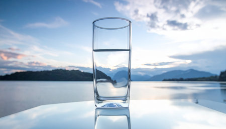 Glass of clean water on the table with mountain and sky background.の素材