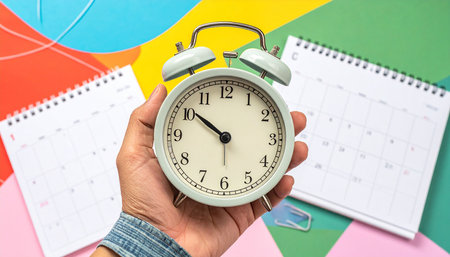 Alarm clock in hand on colorful background. Time management concept.の素材