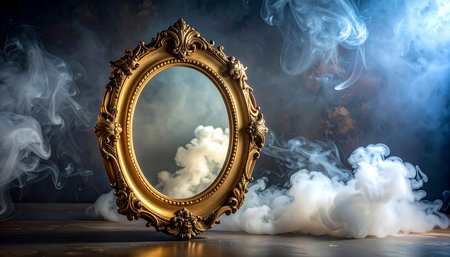 Vintage picture frame with clouds of smoke on dark background. 3d renderingの素材