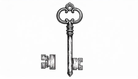 Vintage key isolated on white background. Hand drawn vector illustration.の素材