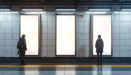 Two men looking at the window in a subway station. 3d renderingの素材