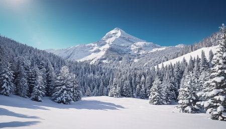 Beautiful winter landscape with snowy mountains and blue sky. Panoramic view.の素材