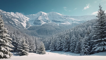 Beautiful winter landscape with snowy fir trees in mountains. Panoramic viewの素材