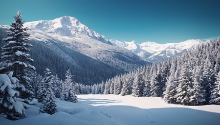 Beautiful winter landscape with snow covered fir trees and mountains in backgroundの素材
