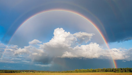 Rainbow over the field and forest in the background. Ukraine.の素材