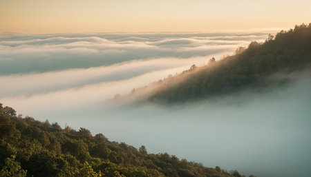 Morning fog in the mountains. Beautiful morning landscape with fog in the mountains.の素材