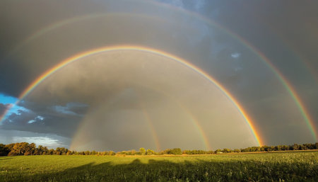 Rainbow in the sky over the field with grass and trees.の素材
