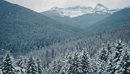 Snow covered fir trees in the mountains. Beautiful winter landscape. Toned.の素材