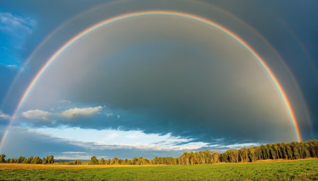 Rainbow over the meadow and forest in the background, Russiaの素材