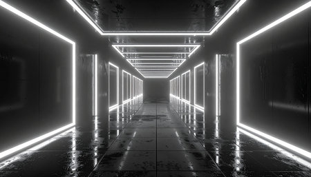 Futuristic corridor with glowing neon lights. 3d rendering.の素材