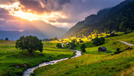 Beautiful summer landscape in the mountains with a small village and a small riverの素材