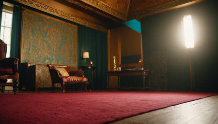Interior of a hotel room with a red carpet and a sofaの素材