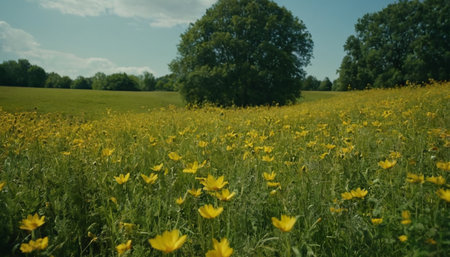 Spring meadow with yellow buttercups and trees in the backgroundの素材