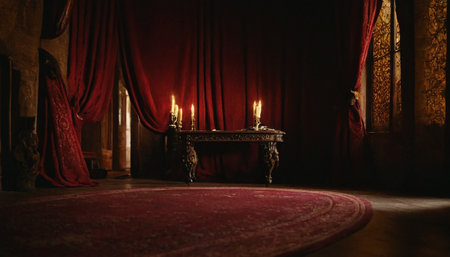 Interior of a room with red curtains and a table with candlesの素材
