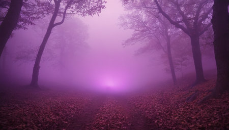 Mystical foggy forest in the morning. Halloween concept.の素材
