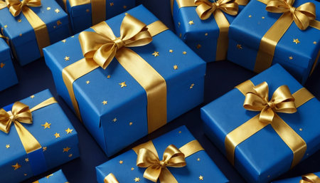 Blue gift boxes with gold bow on blue background. Top view.の素材