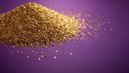 Golden glitter on a purple background. Shallow depth of field.の素材