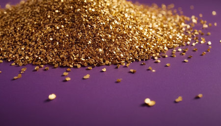 Golden glitter on a purple background. Golden sparkles. Copy space.の素材