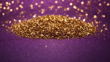 Golden glitter on a purple background. Shallow depth of field.の素材