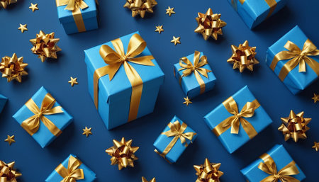 Blue gift boxes with golden bows on blue background. 3d renderingの素材