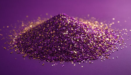 pile of glittering sequins on purple background, close upの素材