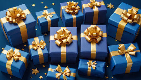 Blue gift boxes with golden bow on blue background. Top view.の素材