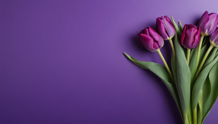 Bouquet of purple tulips on a purple background. Top view.の素材