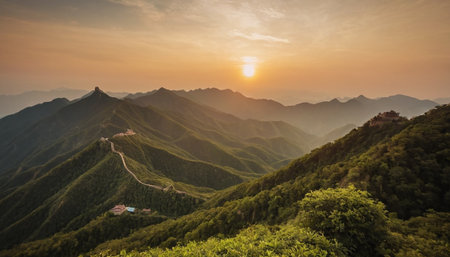 Majestic Great Wall of China at sunrise,panoramic viewの素材