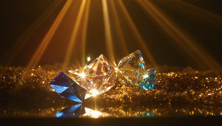 jewelry diamond on black background with rays of light and reflectionの素材